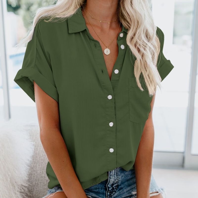 Women's Short Sleeve V Neck Blouse Collared Button Down Casual Work Top