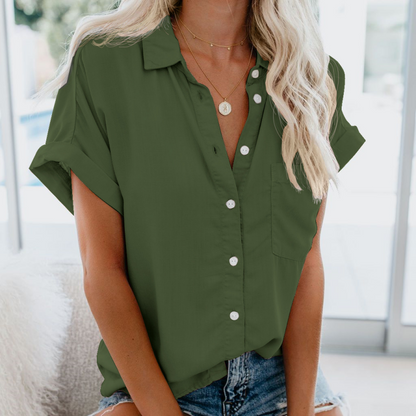 Women's Short Sleeve V Neck Blouse Collared Button Down Casual Work Top
