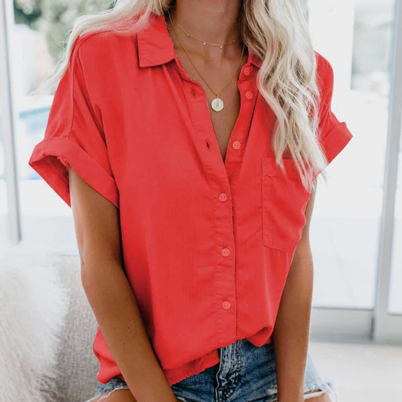 Women's Short Sleeve V Neck Blouse Collared Button Down Casual Work Top