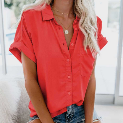 Women's Short Sleeve V Neck Blouse Collared Button Down Casual Work Top