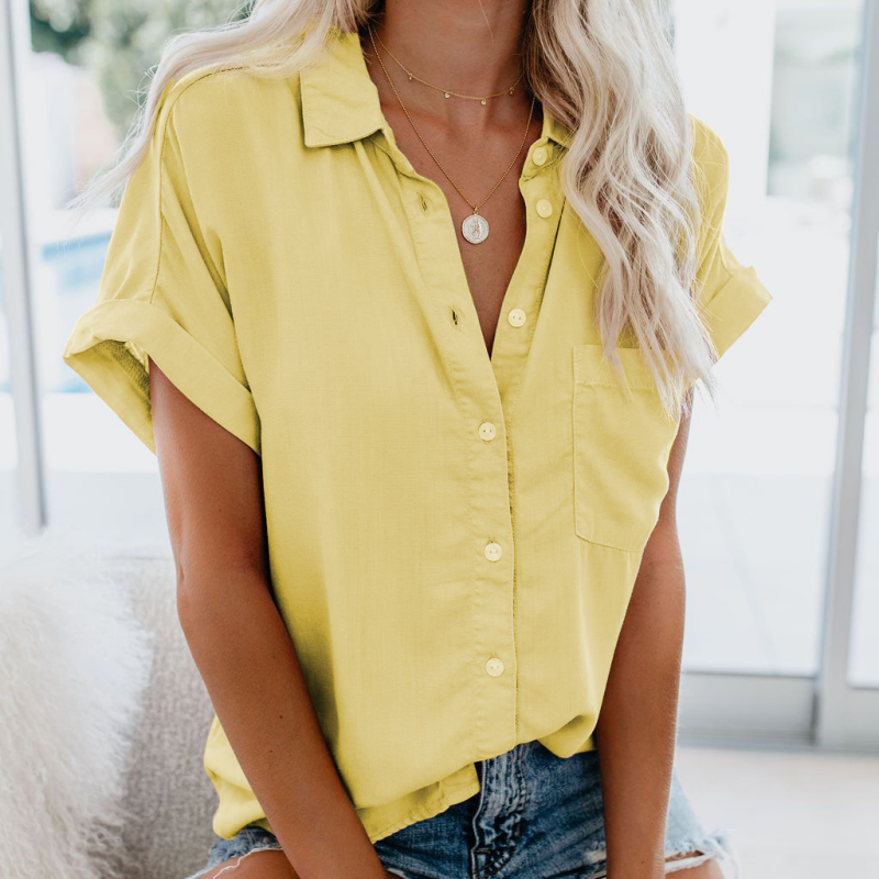 Women's Short Sleeve V Neck Blouse Collared Button Down Casual Work Top