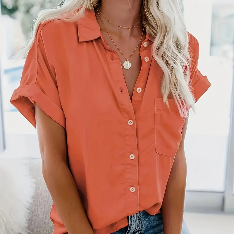 Women's Short Sleeve V Neck Blouse Collared Button Down Casual Work Top