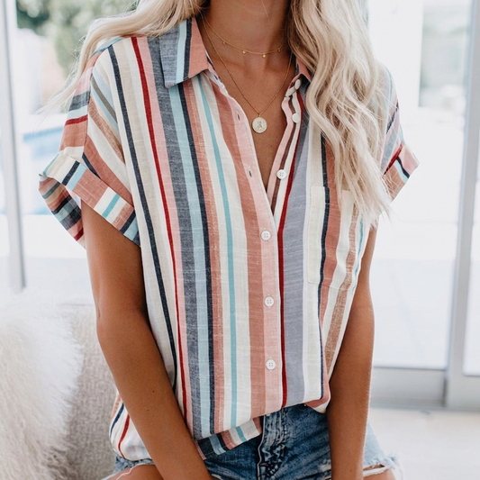 Women's Short Sleeve V Neck Blouse Collared Button Down Casual Work Top