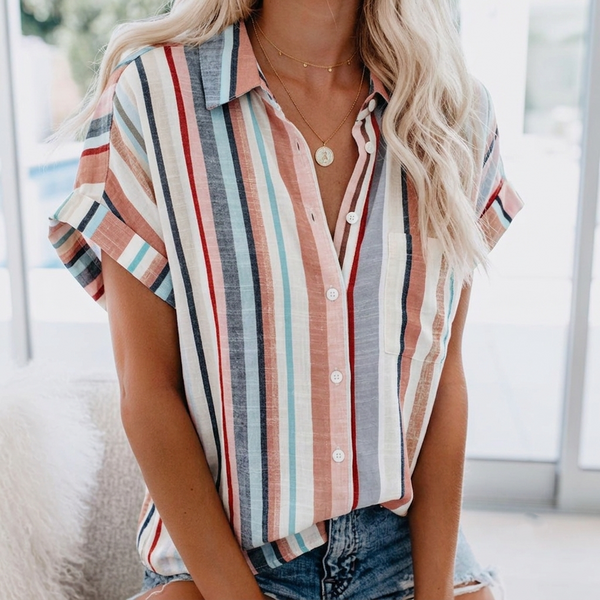 Women's Short Sleeve V Neck Blouse Collared Button Down Casual Work Top