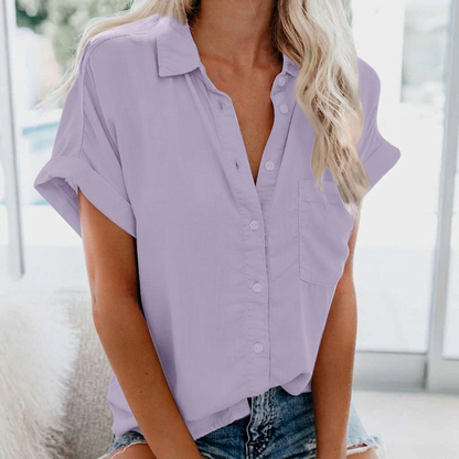 Women's Short Sleeve V Neck Blouse Collared Button Down Casual Work Top