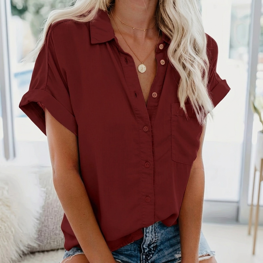 Women's Short Sleeve V Neck Blouse Collared Button Down Casual Work Top