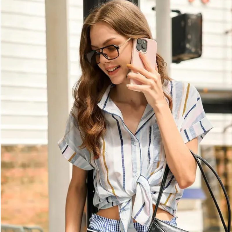 Women's Short Sleeve V Neck Blouse Collared Button Down Casual Work Top