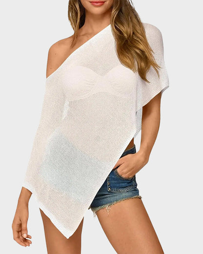 Sheer Off Shoulder Poncho Coverup Mesh Knit Bolero Shrug Beach Top