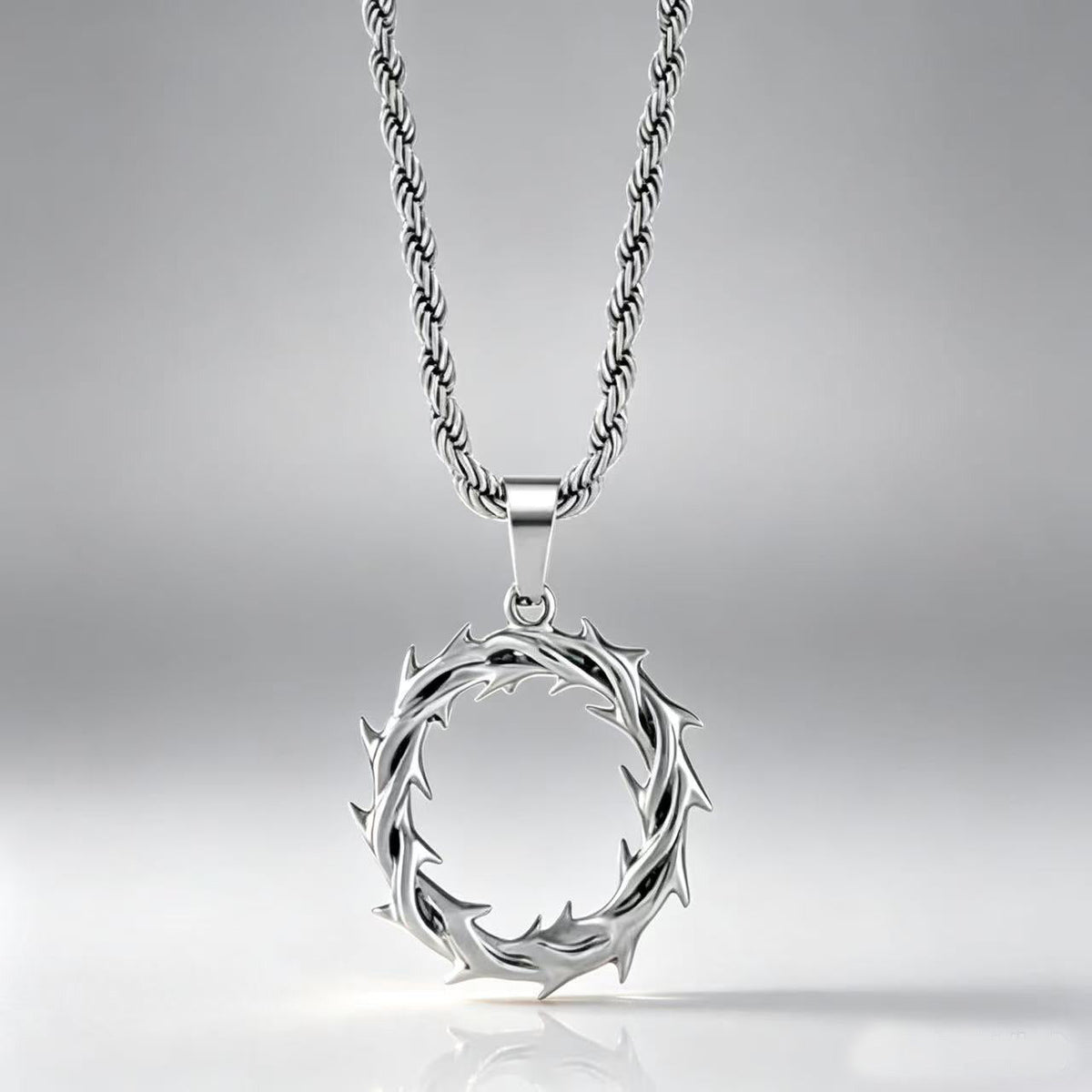 new trendy thorny circle pendant necklace, street-style stainless steel braided chain with a sophisticated look
