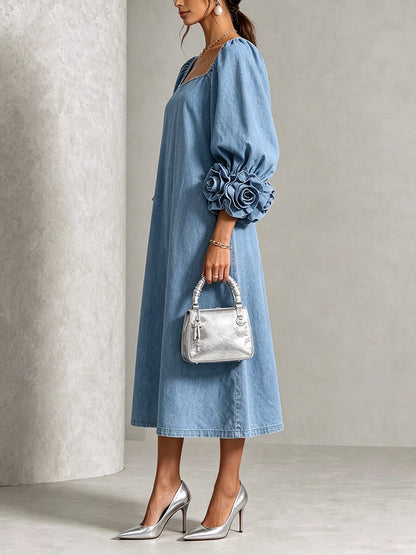 Curated Designer –Chic Chambray Denim 3D Rosette Square-Neck Dress