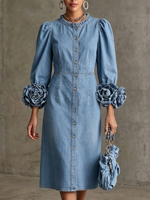 Curated Designer –Stylish Mid-length Denim Dress With 3d Floral Cuffs And Front Button Closure