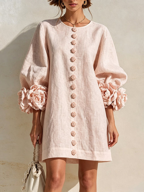 Curated Designer –Stylish Denim Dress With 3d Floral CuffsRomantic Blush 3D Floral Sleeve Mini Dress