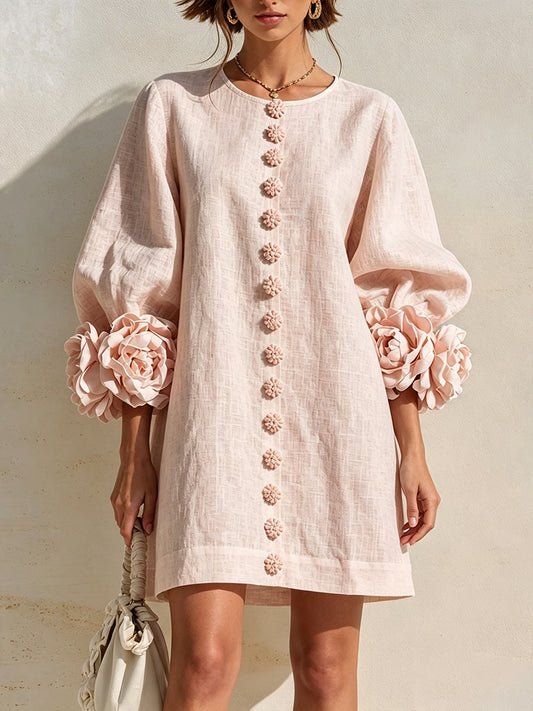Curated Designer –Stylish Denim Dress With 3d Floral CuffsRomantic Blush 3D Floral Sleeve Mini Dress