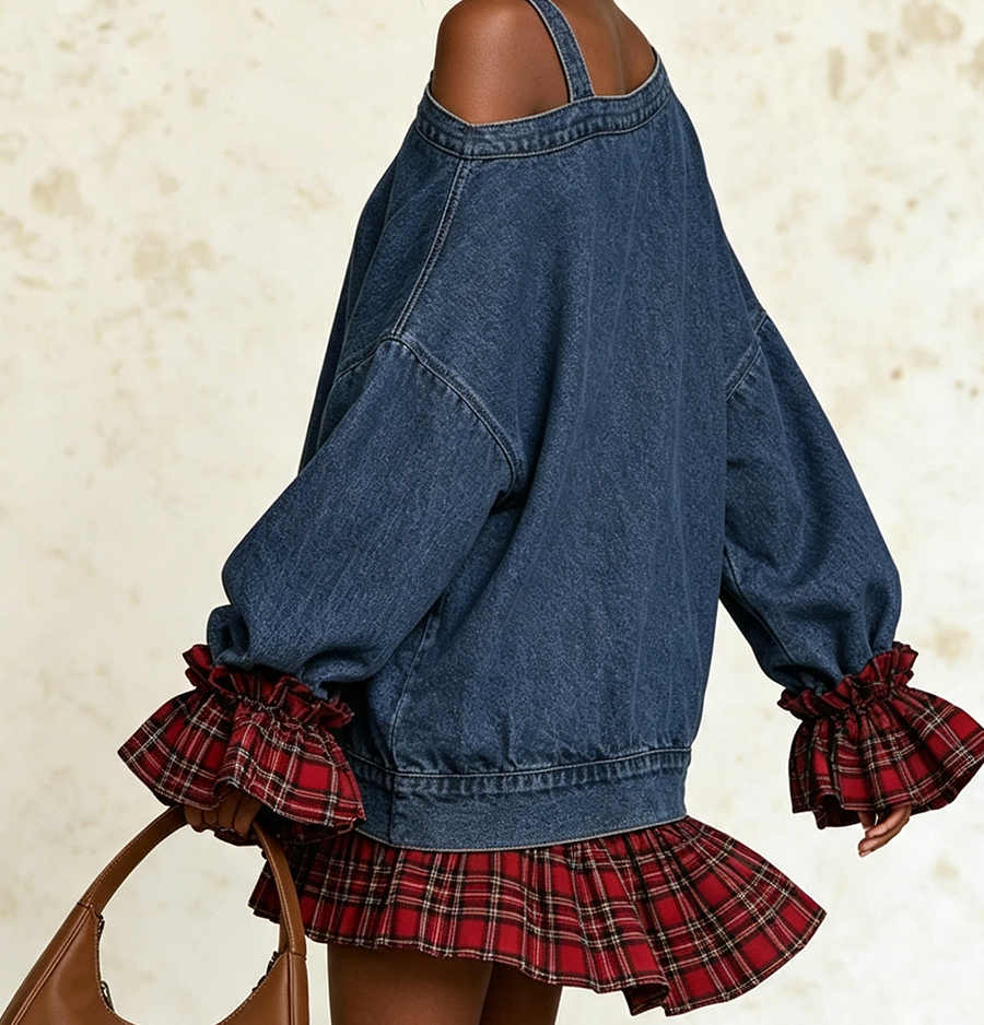 Edgy Buckle Strap Asymmetrical Denim Mini Dress