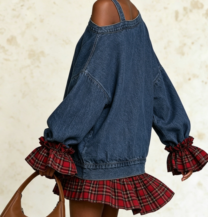 Edgy Buckle Strap Asymmetrical Denim Mini Dress