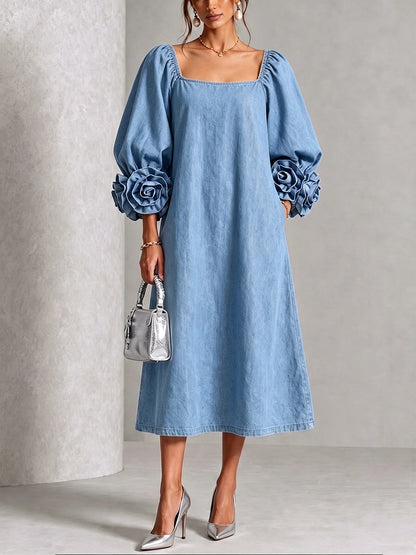 Curated Designer –Chic Chambray Denim 3D Rosette Square-Neck Dress
