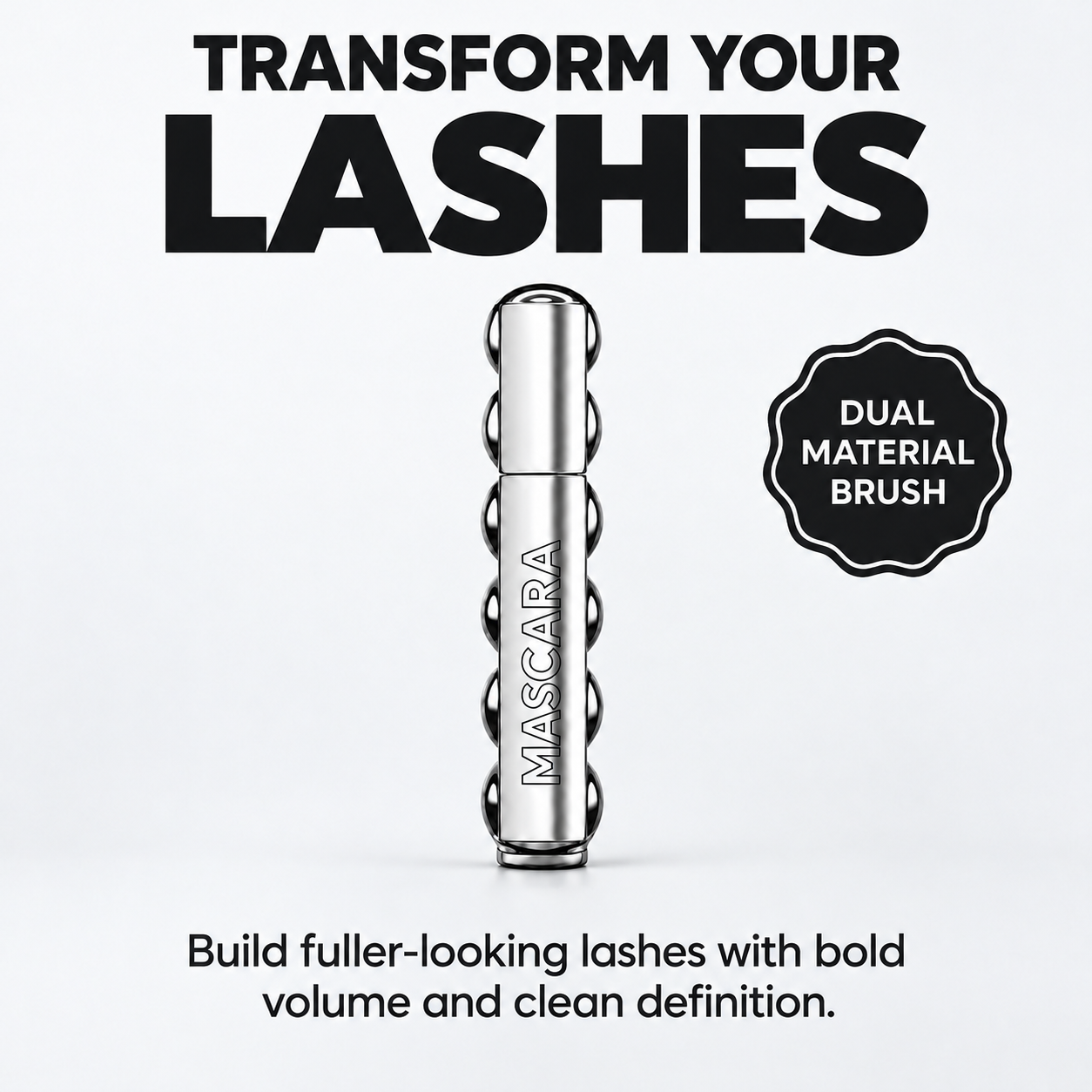 Silver mascara tube with dual-material brush and lash-volume highlights