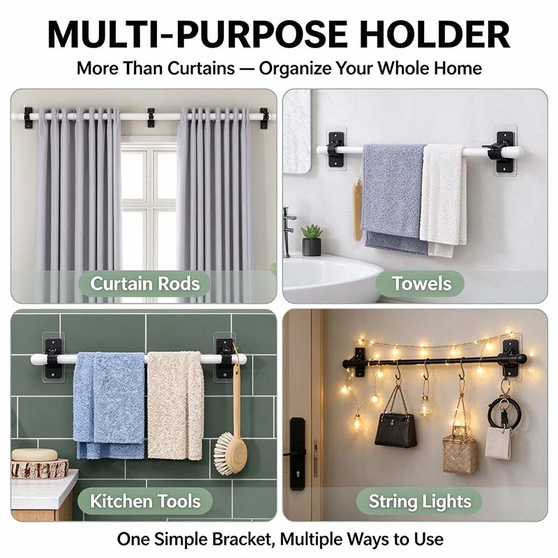 No-Drill Curtain Rod Brackets, Self-Adhesive Multifunctional Acrylic Gel Rod Holder Hooks 🏠