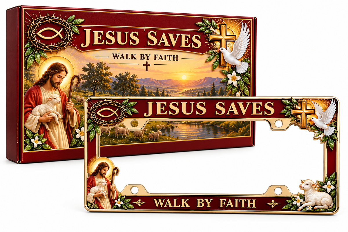 ⭐🐑🕊️ “Jesus Saves – Walk by Faith” Jesus Commemorative Metal License Plate Frame