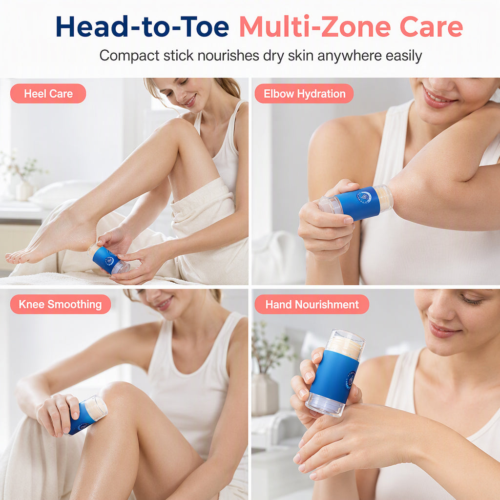 Multi-zone moisturizing stick use on feet elbows knees and hands