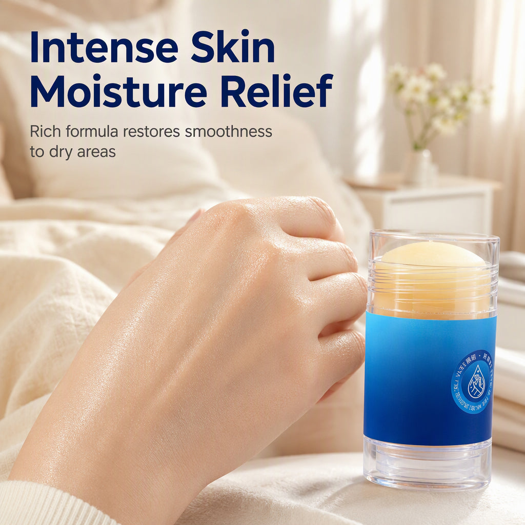 Moisturized-looking hand beside balm stick